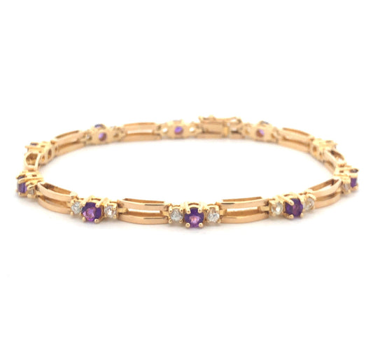 14K Yellow Gold Amethyst White Topaz Accented Station Tennis Bracelet