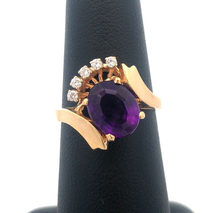 DACG 14k Yellow Gold Oval Cut Amethyst Diamond Crown Bypass Ring Size 6.5