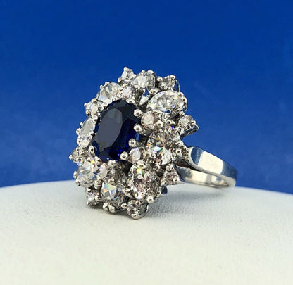 Spectacular Sterling Silver 925 Blue Sapphire CZ Oval Cluster Cocktail Ring