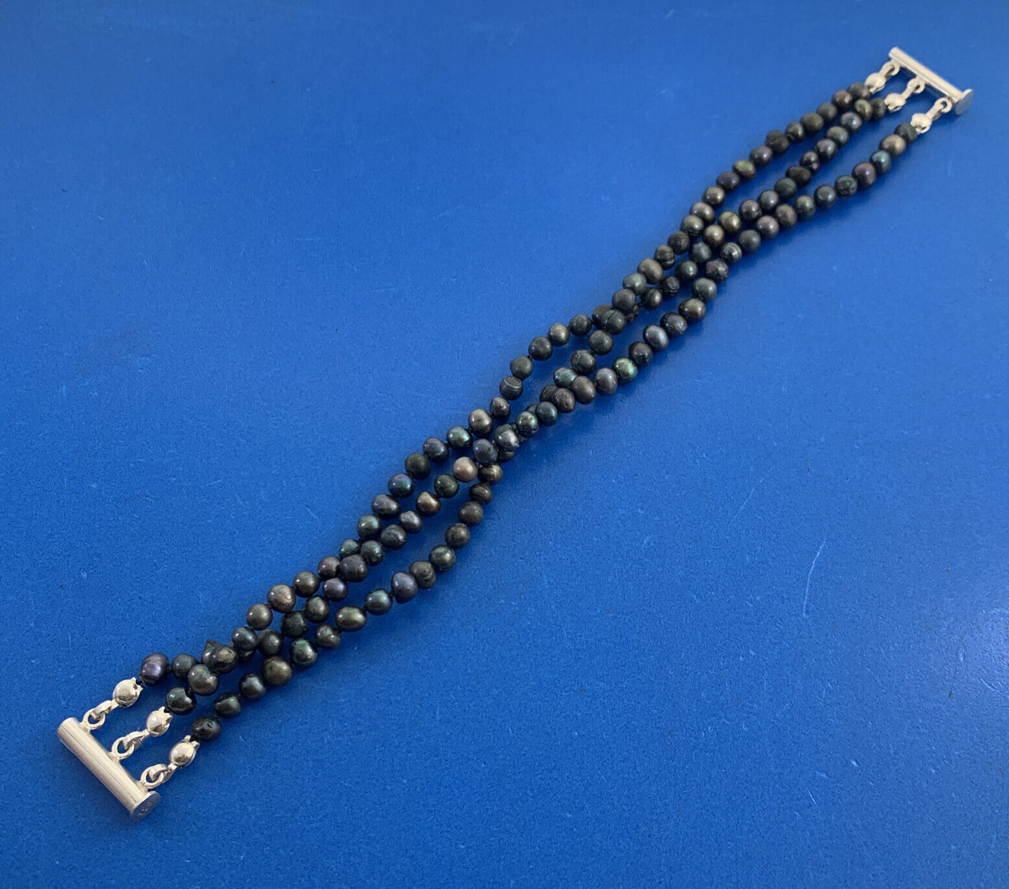 Designer USA Black Pearl Beaded Knotted 3-Strand 950 Silver Bracelet
