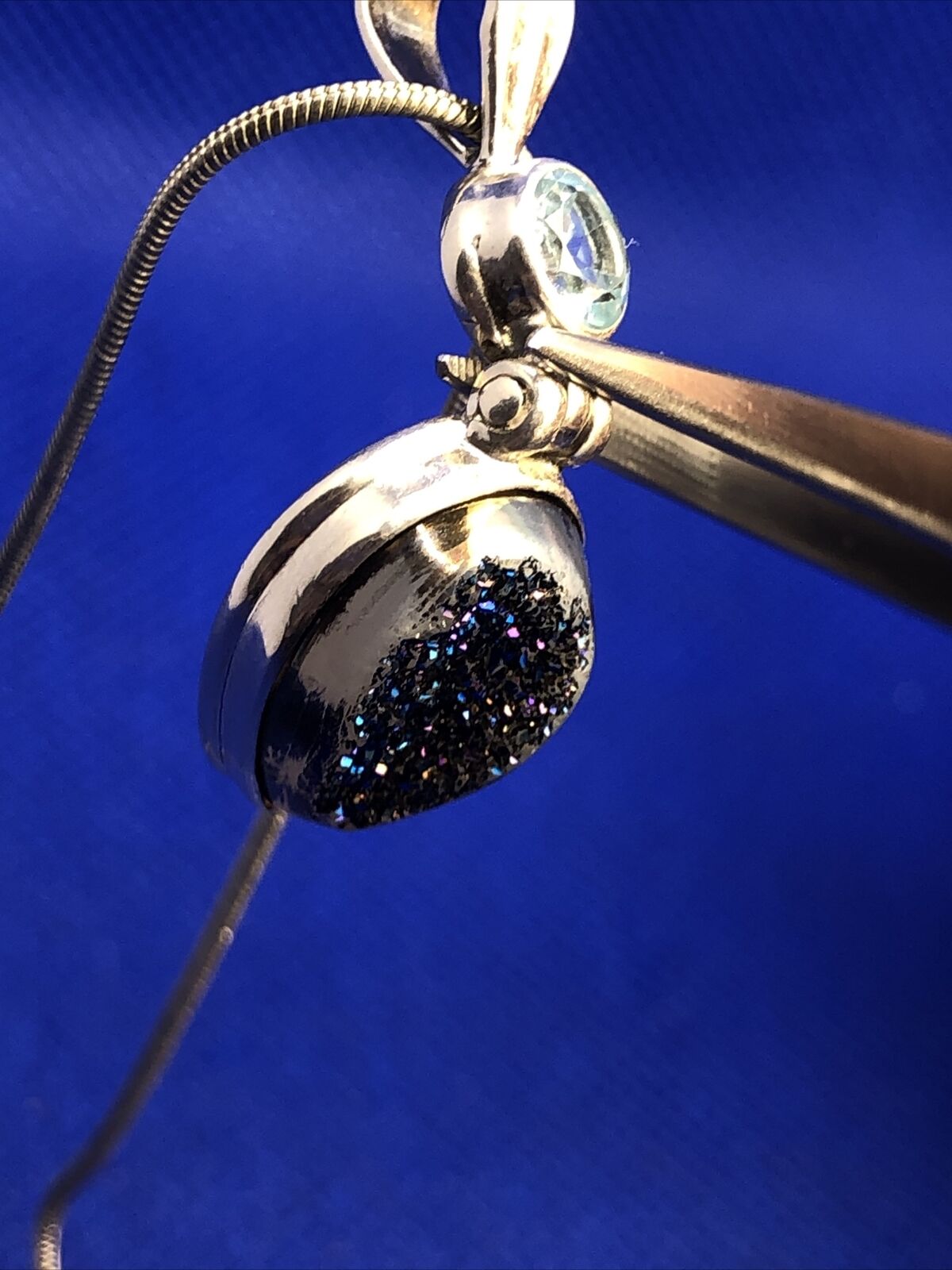 Designer 925 Sterling Silver Pear Druzy Quartz Blue Topaz Pendant Necklace