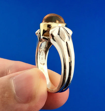 Designer Signed 925 Sterling Silver 18K Yellow Gold Citrine Pear Cabochon Ring