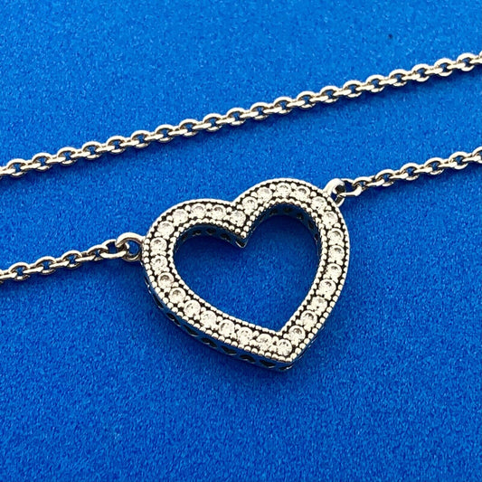 Designer PANDORA ALE Sterling Silver 925 CZ Sparkling Open Heart 17.5" Necklace