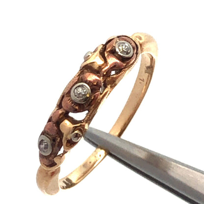 Vintage 14K Yellow Rose Gold Diamond Flower Textured Band Ring