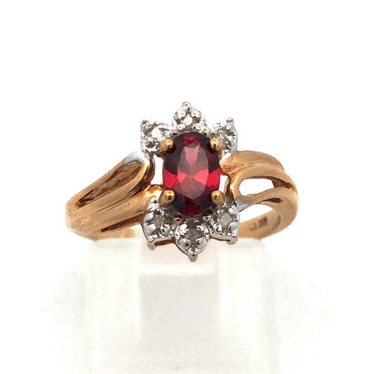 Designer 10K Yellow Gold Garnet Oval Diamond Accented January Anniversary Ring