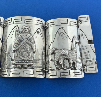 Vintage Peru 900 Silver Aborigine Storyteller Statement Panel Cuff Bracelet