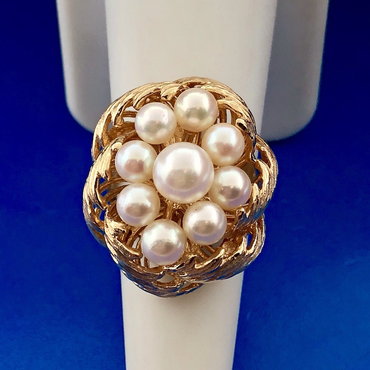 Vintage 14K Yellow Gold 9 Pearl Bird Nest Cluster Statement Cocktail Ring