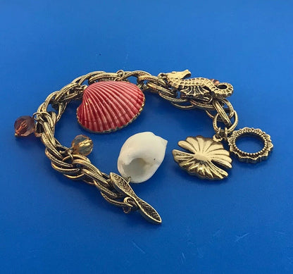 Retro Gold Tone Seashore Ocean Beach Sea Horse Theme Beads Toggle Charm Bracelet