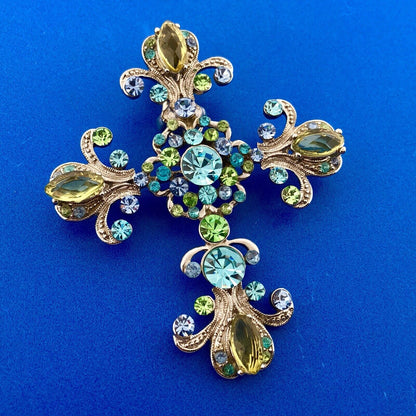 Silver Tone Grn Blue Aqua Crystal Fleur De Lis Cross Statement Enhancer Pendant