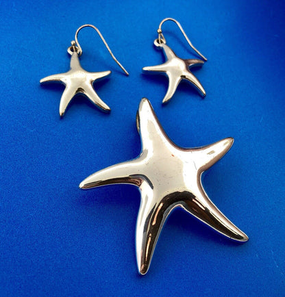 Silver Tone Moderist Star Starfish Beach Life Pendant Enhancer Drop Earrings Set
