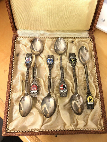 Antique 800 Silver Enamel German City Souvenir 6 Demitasse Spoons Original Box