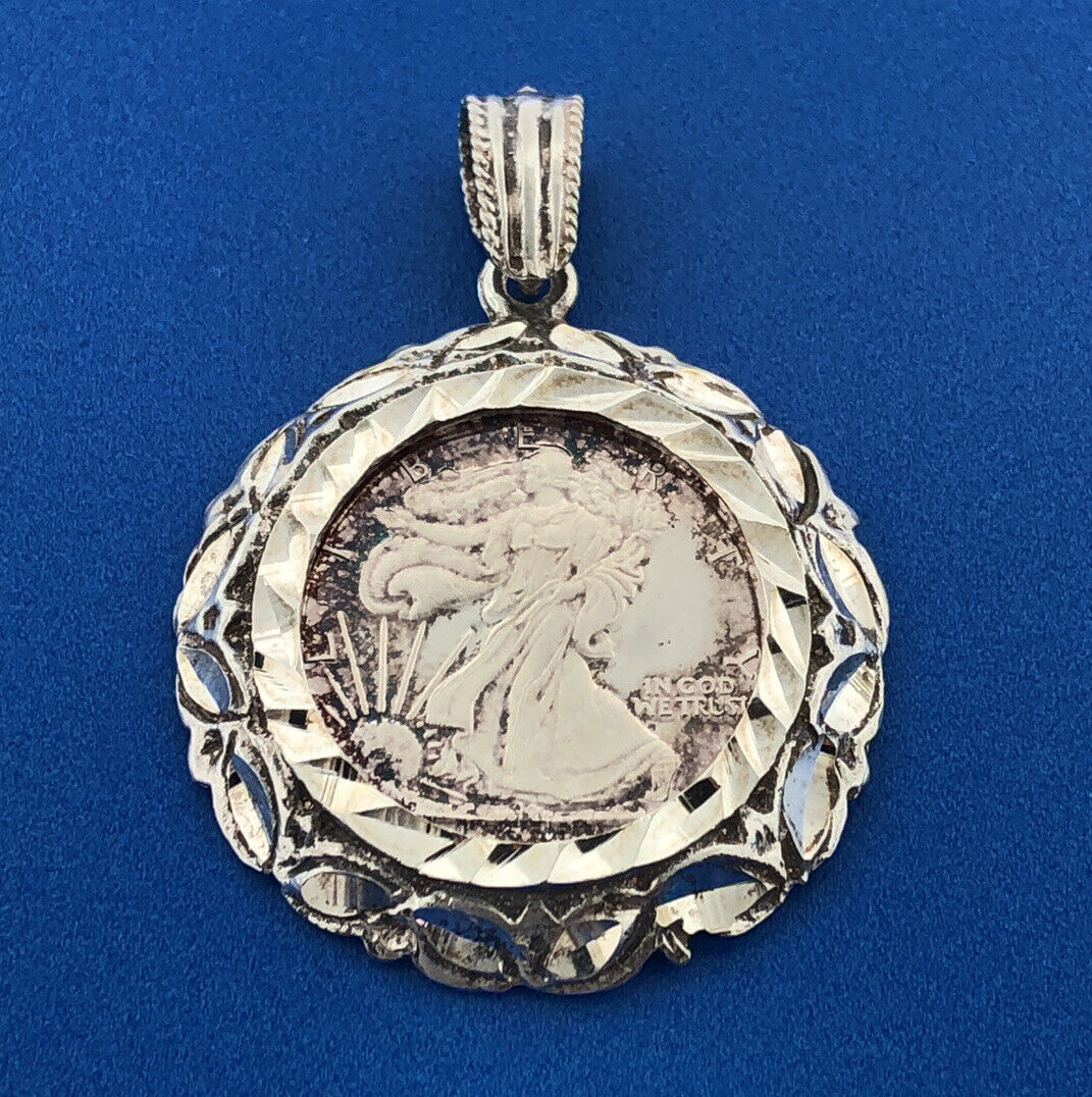 USA .999 Fine Silver Millennium Eagle w/ Sterling Silver 925 Coin Holder Pendant