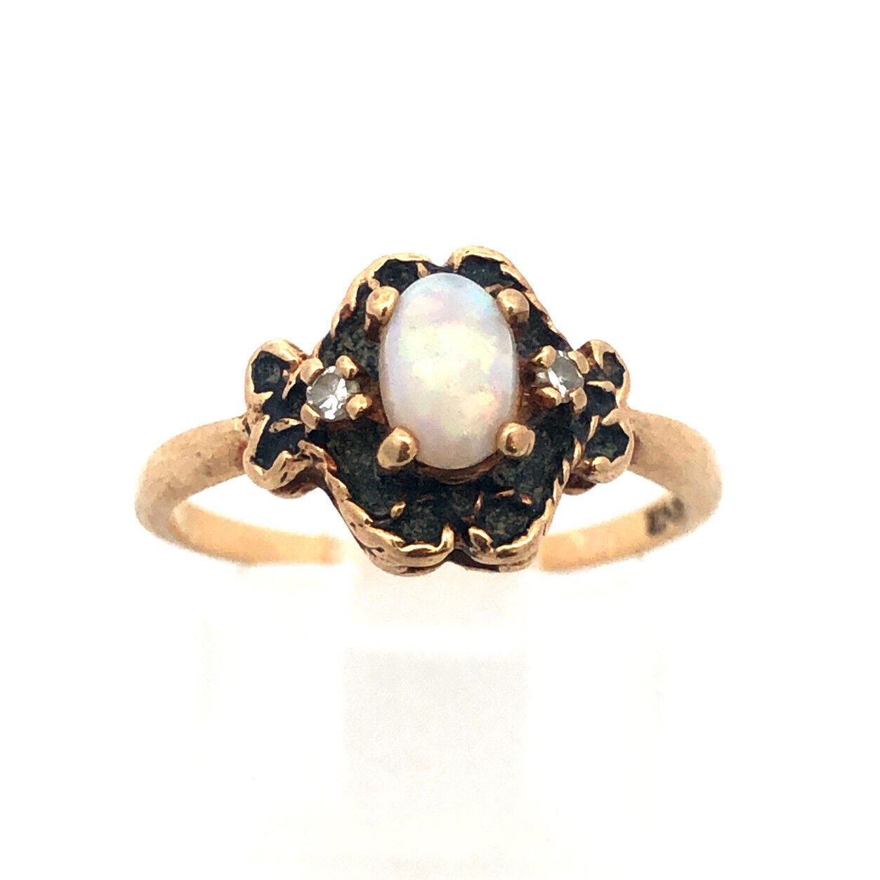 Retro 10K Yellow Gold Oval Opal Diamond Accent October Anniversary Ring
