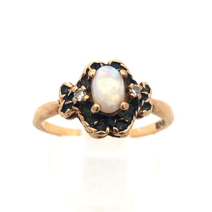 Retro 10K Yellow Gold Oval Opal Diamond Accent October Anniversary Ring