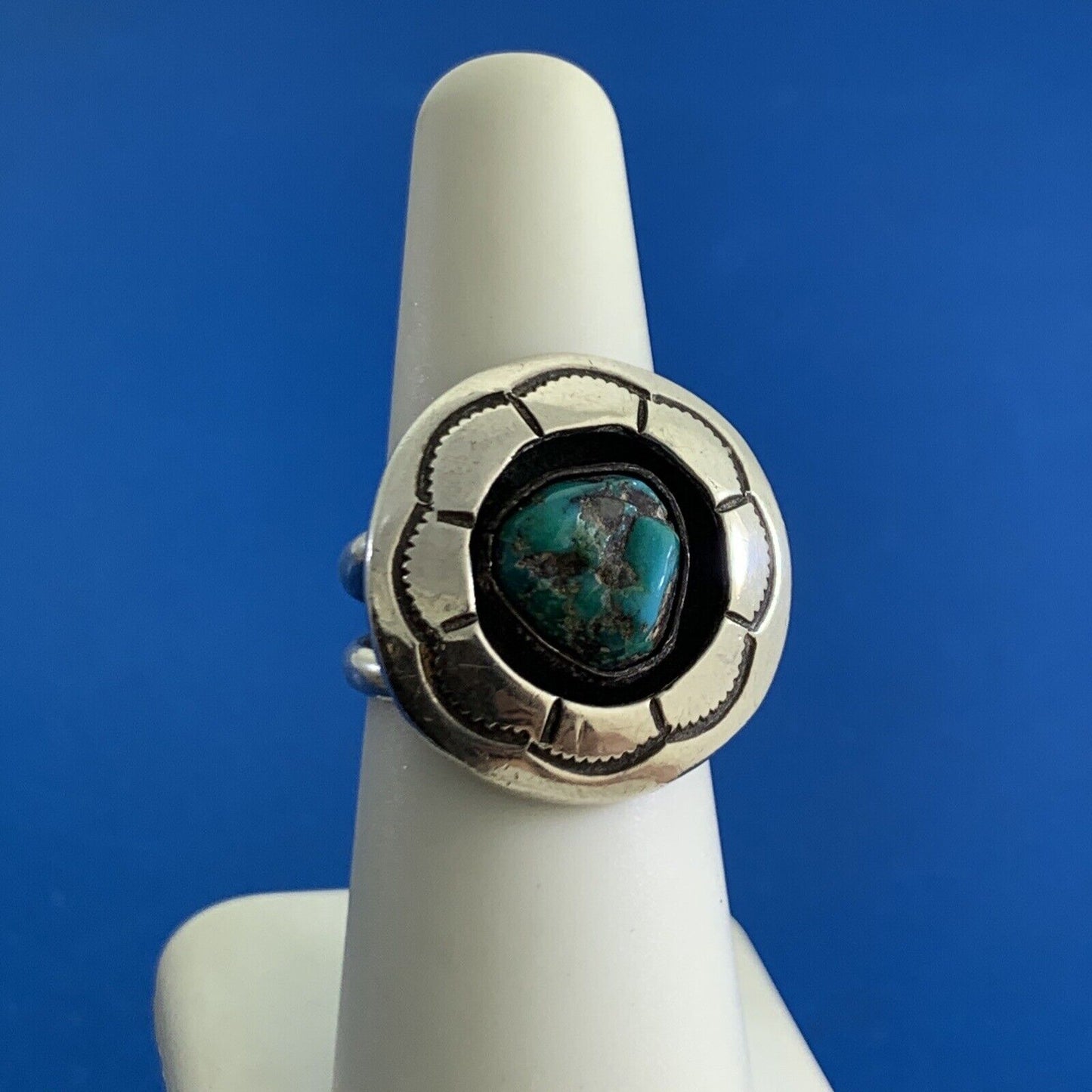 Mary Morgan Navajo 925 Sterling Silver Native American Turquoise Round Ring