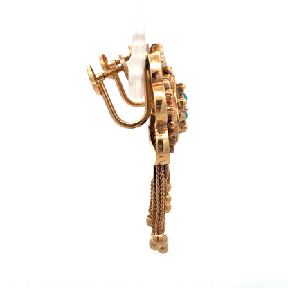 Vintage 14k Yellow Gold Edwardian Dangle Tassel Earrings with Turquoise
