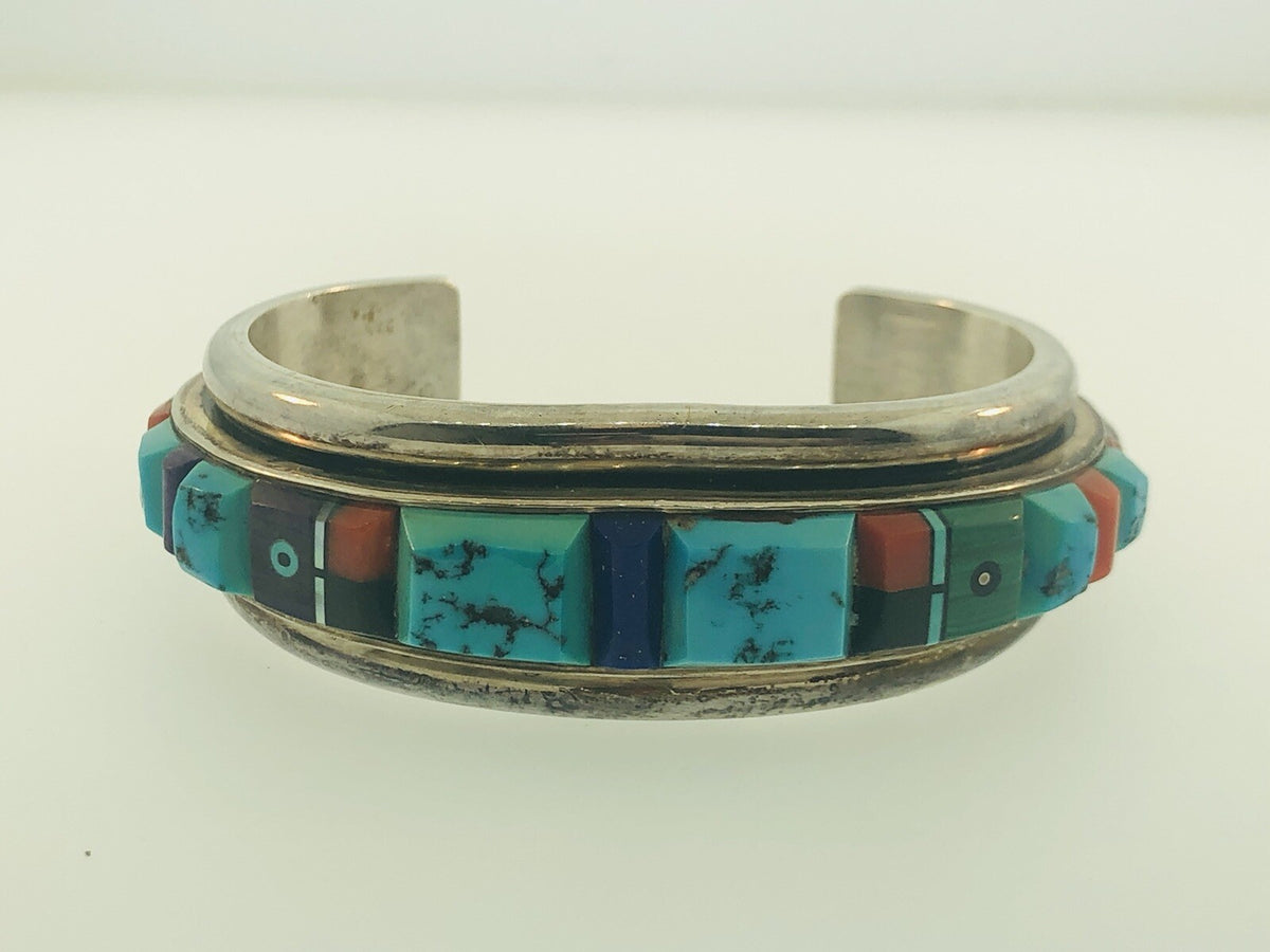 Native American 925 Sterling Silver Turquoise Multi Gem Cuff Bracelet Ronnie