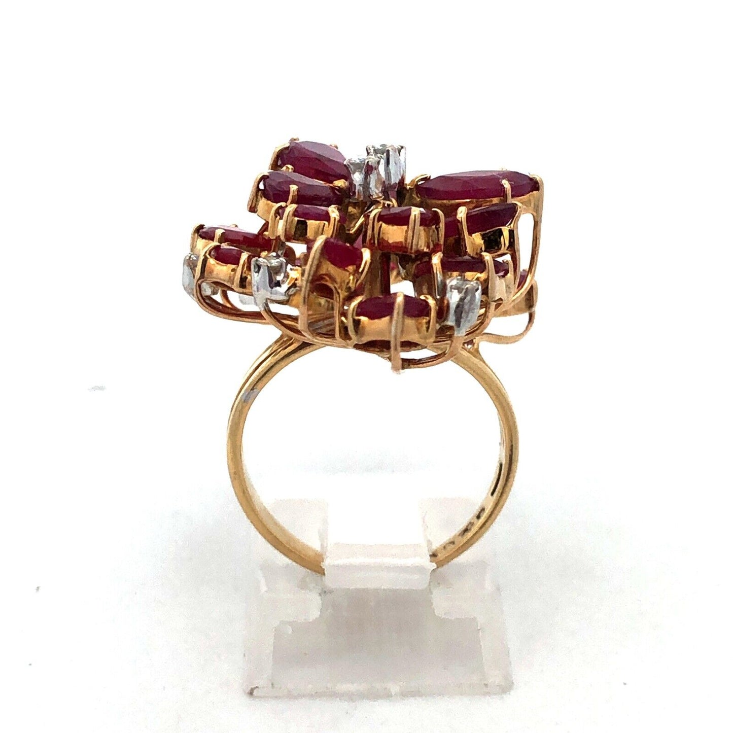 Exquisite Vintage 14K Yellow Gold Ruby Diamond Cluster Statement Cocktail Ring