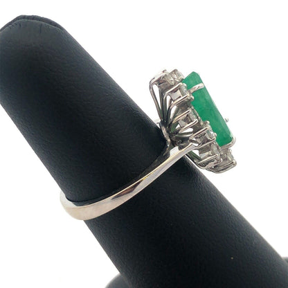 Vintage 18K White Gold Pear Natural Emerald Diamond Halo May Cocktail Ring