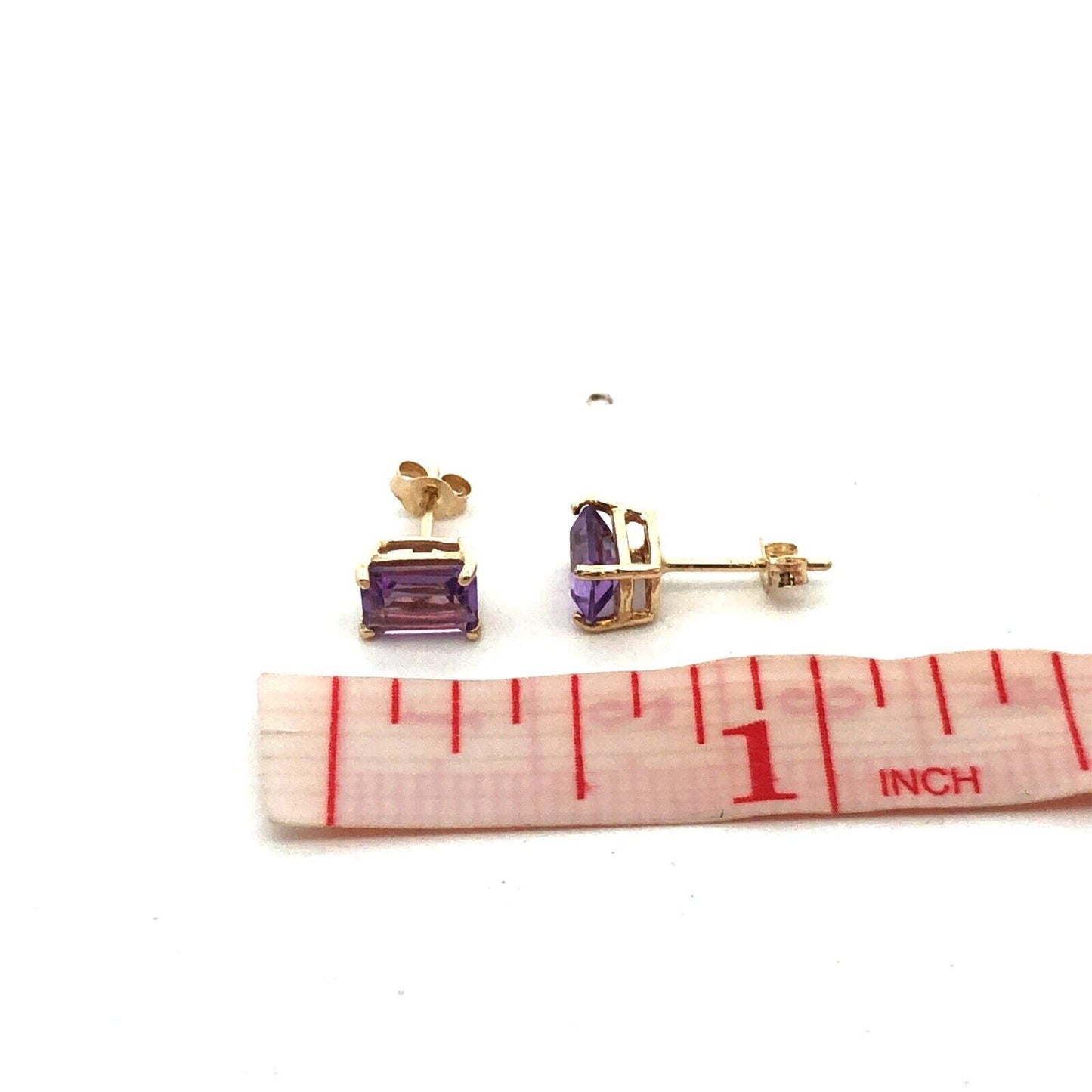 14K Yellow Gold Emerald Cut Purple Amethyst Solitaire Stud Earrings