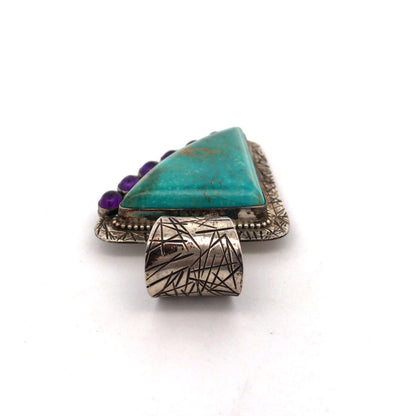 David Troutman Navajo 925 Sterling Silver Turquoise Amethyst Statement Pendant