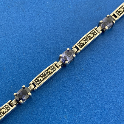 925 Sterling Silver Oval Tanzanite Marcasite Accented Tennis Bracelet