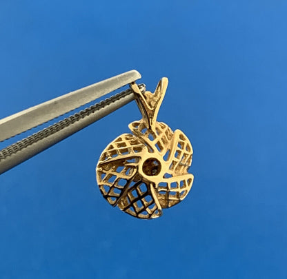 Vintage 14K Yellow Gold Diamond Open Work Basket Weave Flower Petite Pendant
