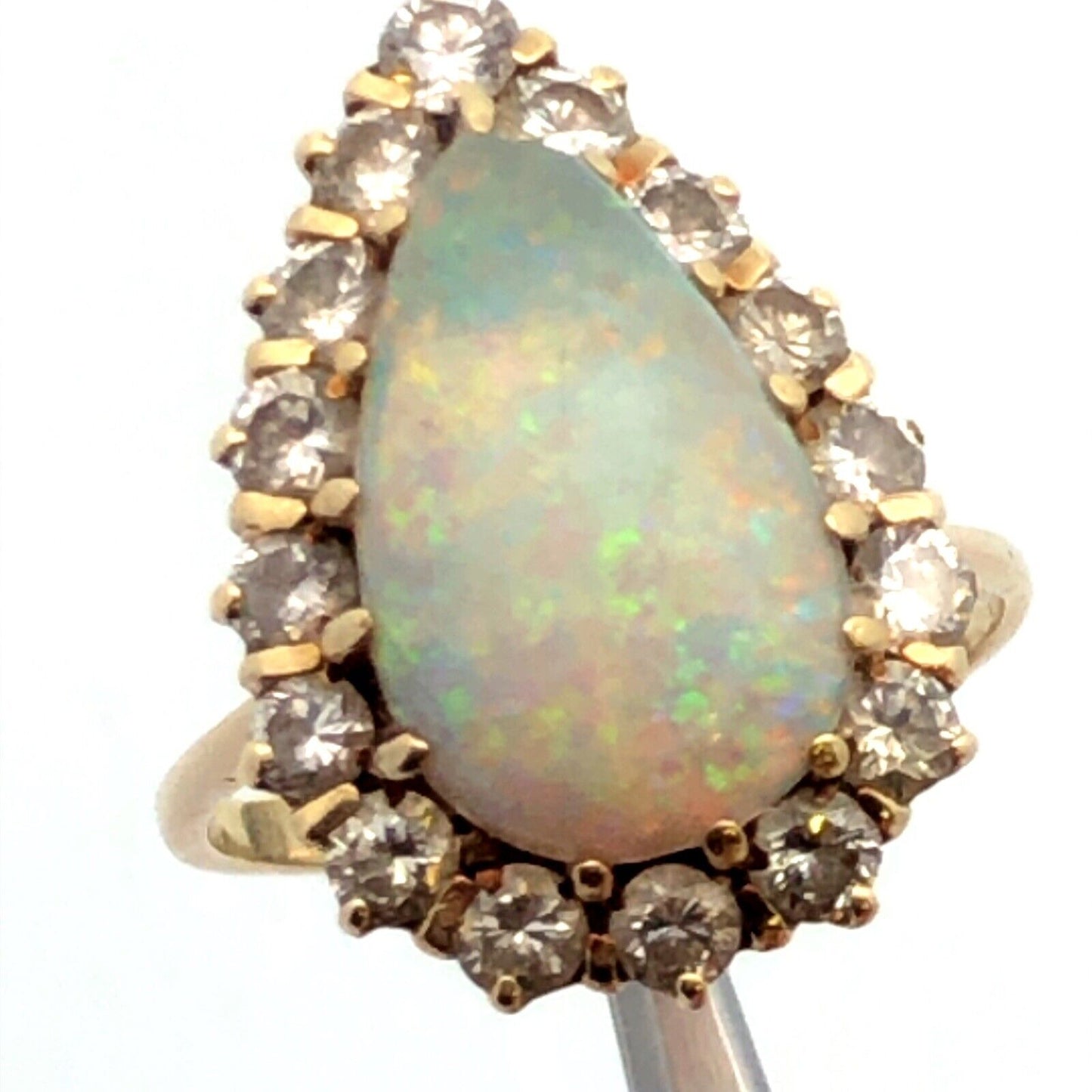 Vintage 14K Yellow Gold Pear Opal Cabochon Diamond Halo Cocktail Ring