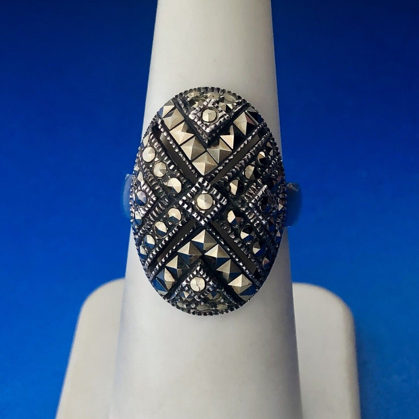 Stunning Sterling Silver 925 Marcasite Layered Cluster Oval Ring Size 7