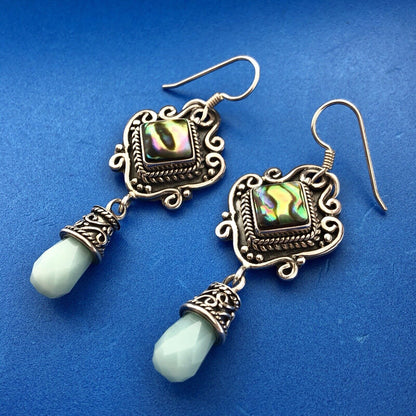 BA Suarti Sterling Silver 925 Abalone Aventurine Statement Drop Dangle Earrings
