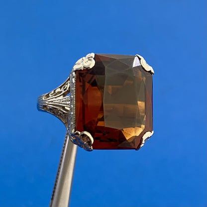 Vintage 18K White Gold Radiant Orange Tourmaline Open Filigree Cocktail Ring