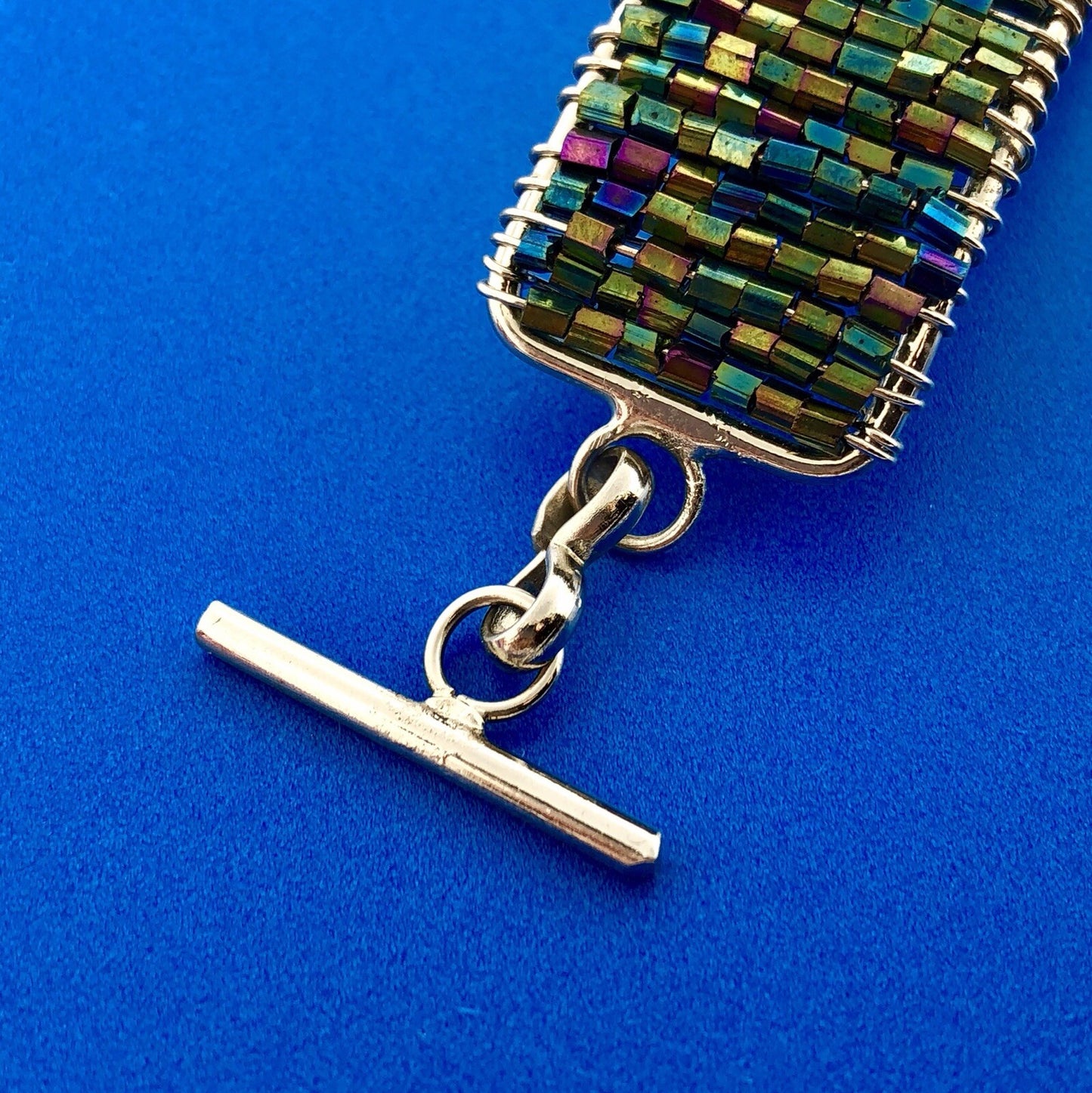 Artisan Silver Tone Iridescent Cylinder Bead Wire Wrapped Cross Toggle Bracelet