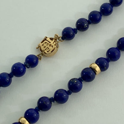 Designer 14K Yellow Gold Hand Knotted Lapis Lazuli Beaded Necklace