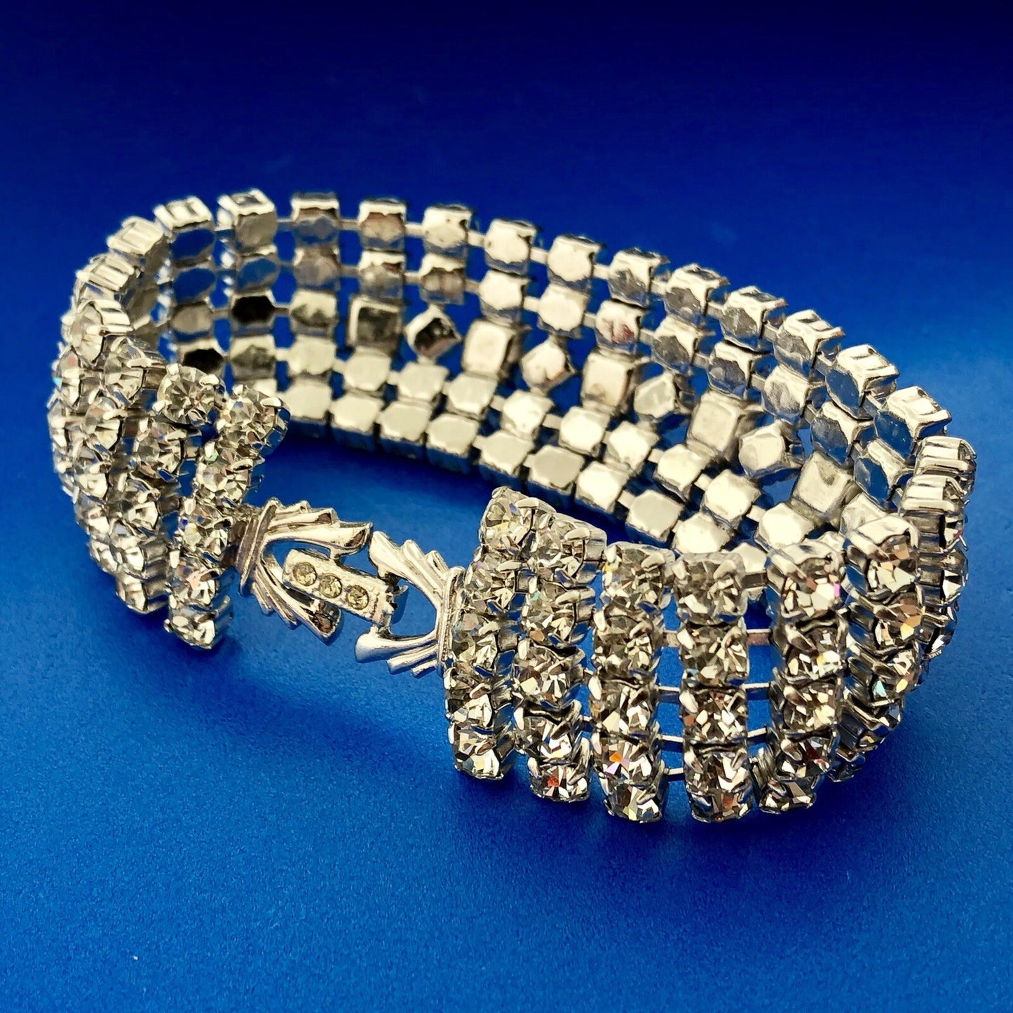 Vintage Haute Couture Silver Tone Rhinestone Five Row Statement Tennis Bracelet