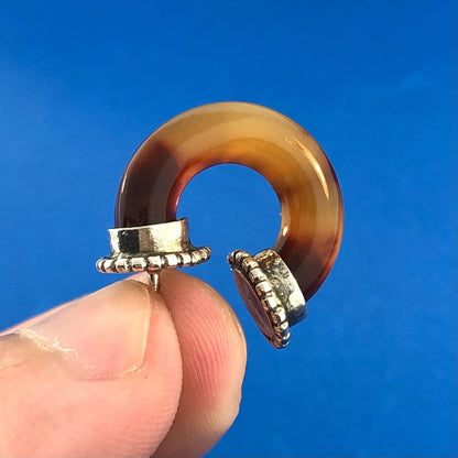 Vintage 925 Sterling Silver Amber Tube Half Hoop Stud Earrings