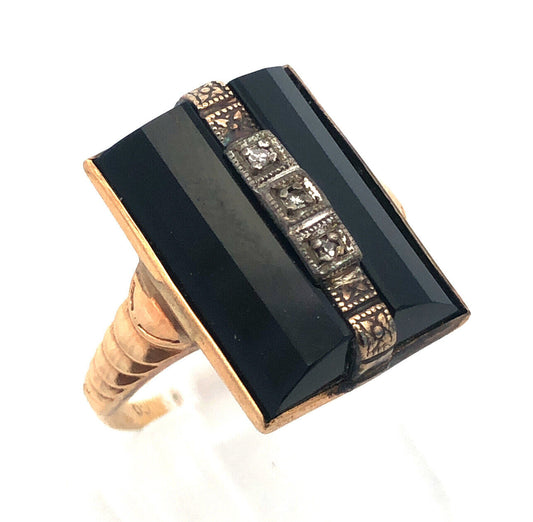 Art Nouveau Art Deco 10K Yellow Gold Diamond Black Onyx Statement Cocktail Ring