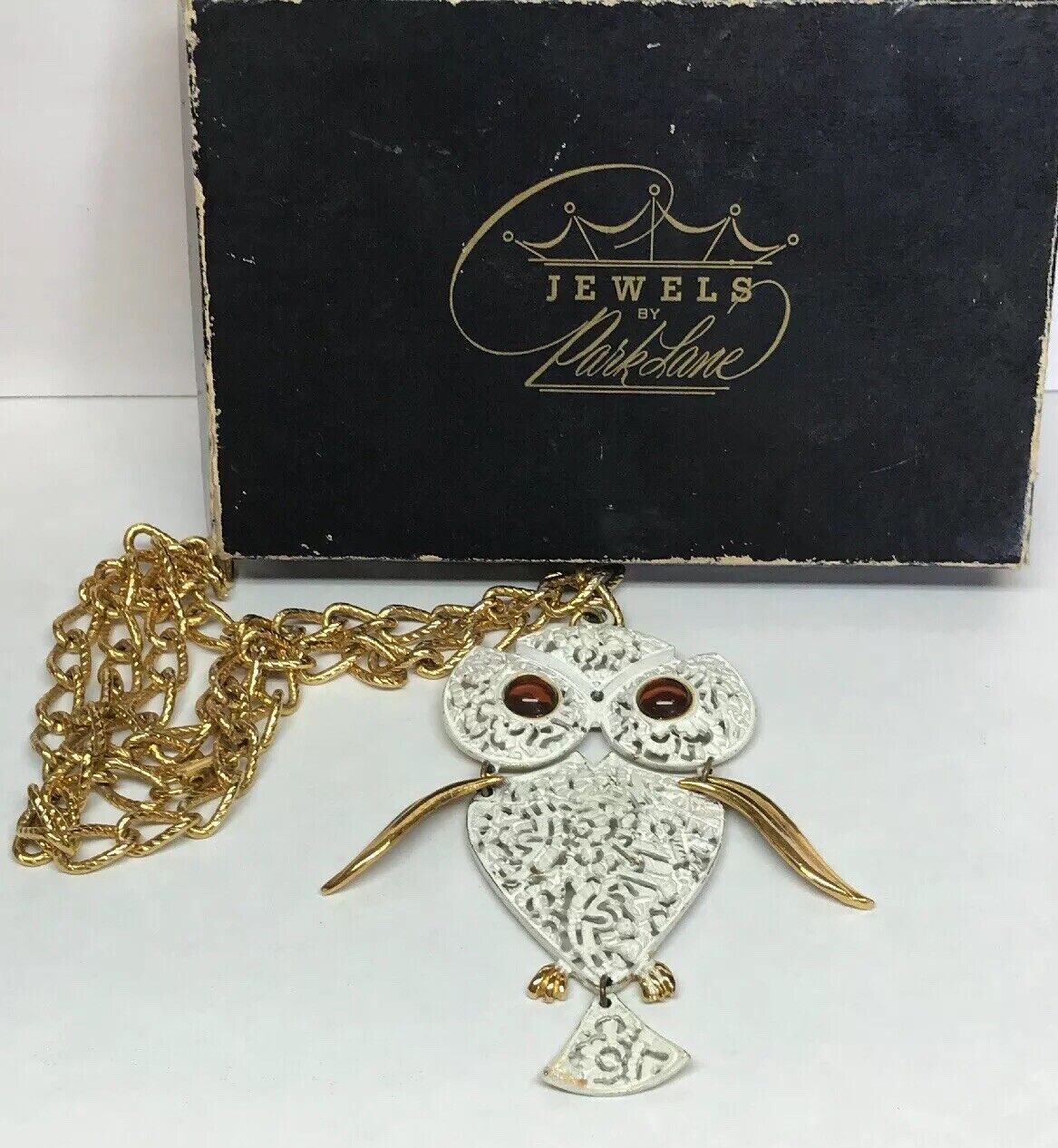 Park Lane Amber Eyes White Enamel Filigree 3D Owl Gold Tone Statement Necklace