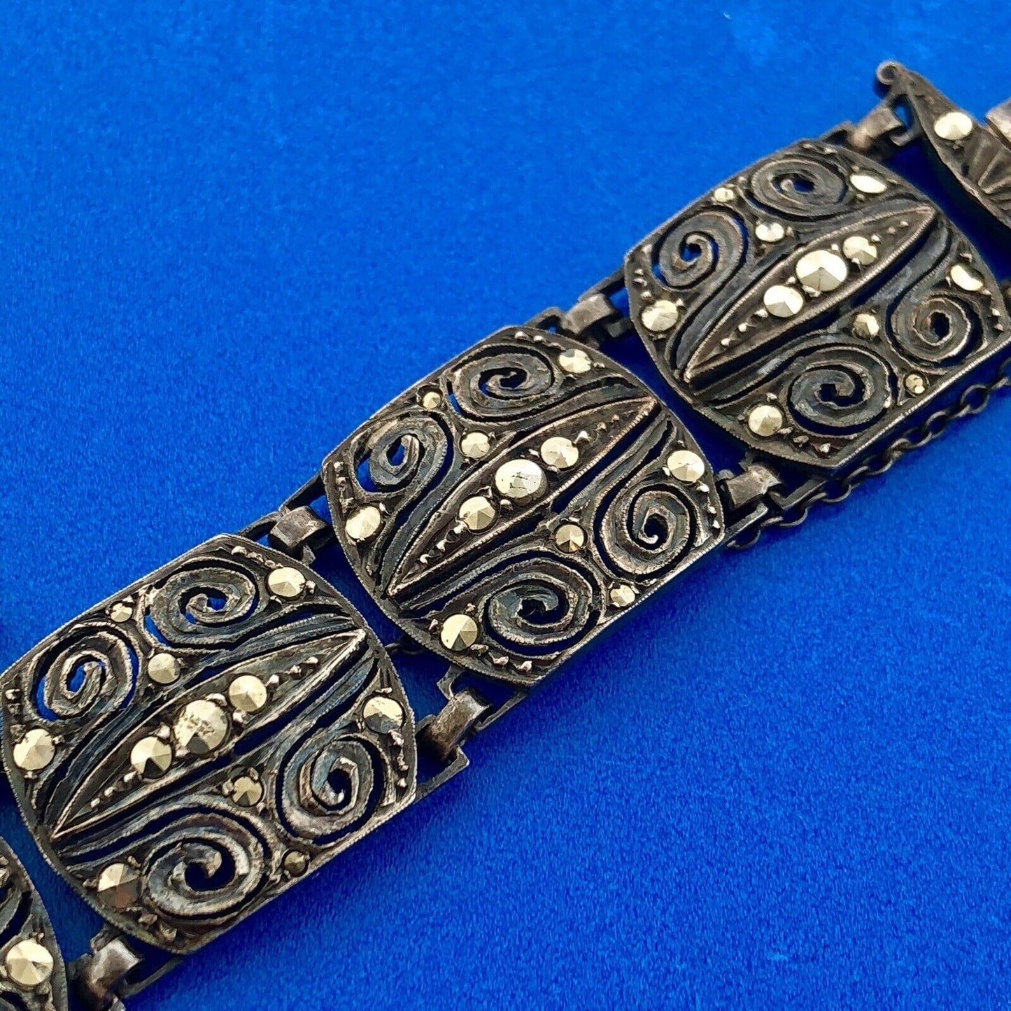 Art Deco Germany 925 Sterling Silver Marcasite Filigree Scroll Panel Bracelet
