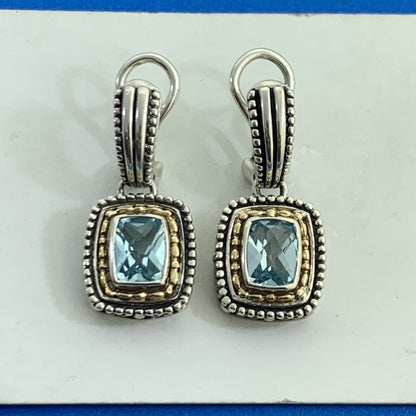 Designer 925 Sterling Silver 14K Gold Cushion Cut Blue Topaz Omega Back Earrings