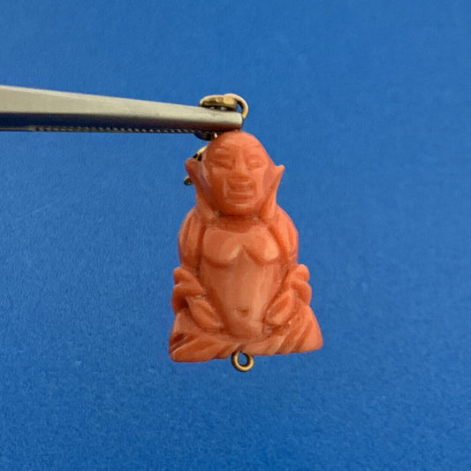 Gorgeous 10k Yellow Gold Carved Coral Meditation Praying Monk Dangle Pendant