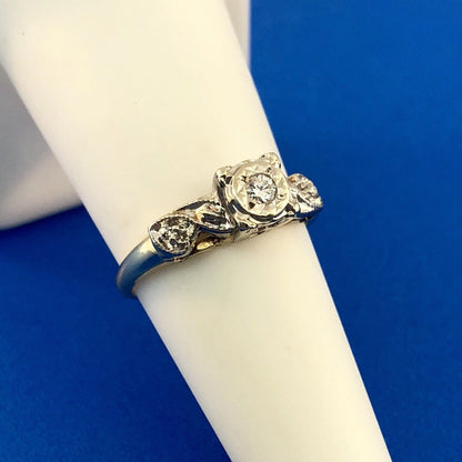 Art Deco 14K Yellow White Gold Diamond Hearts Beads Scroll Engagement Ring