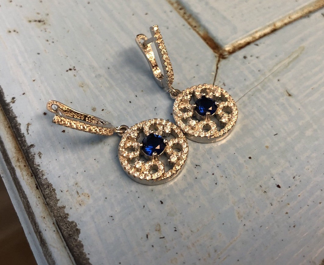 Elegant Sam & Co Sterling Silver 925 Blue Sapphire Diamond Drop Dangle Earrings