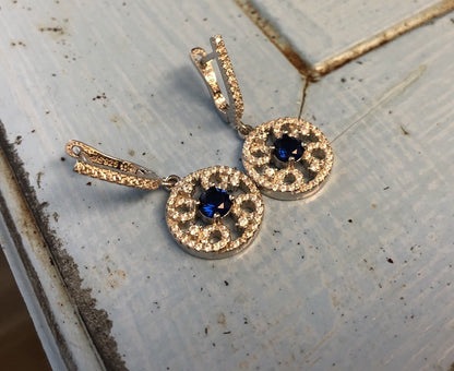 Elegant Sam & Co Sterling Silver 925 Blue Sapphire Diamond Drop Dangle Earrings