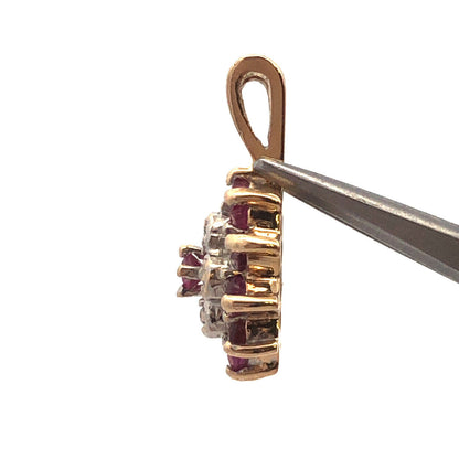 Vintage 14K Yellow Gold Round Ruby Diamond Cluster Flower Pendant