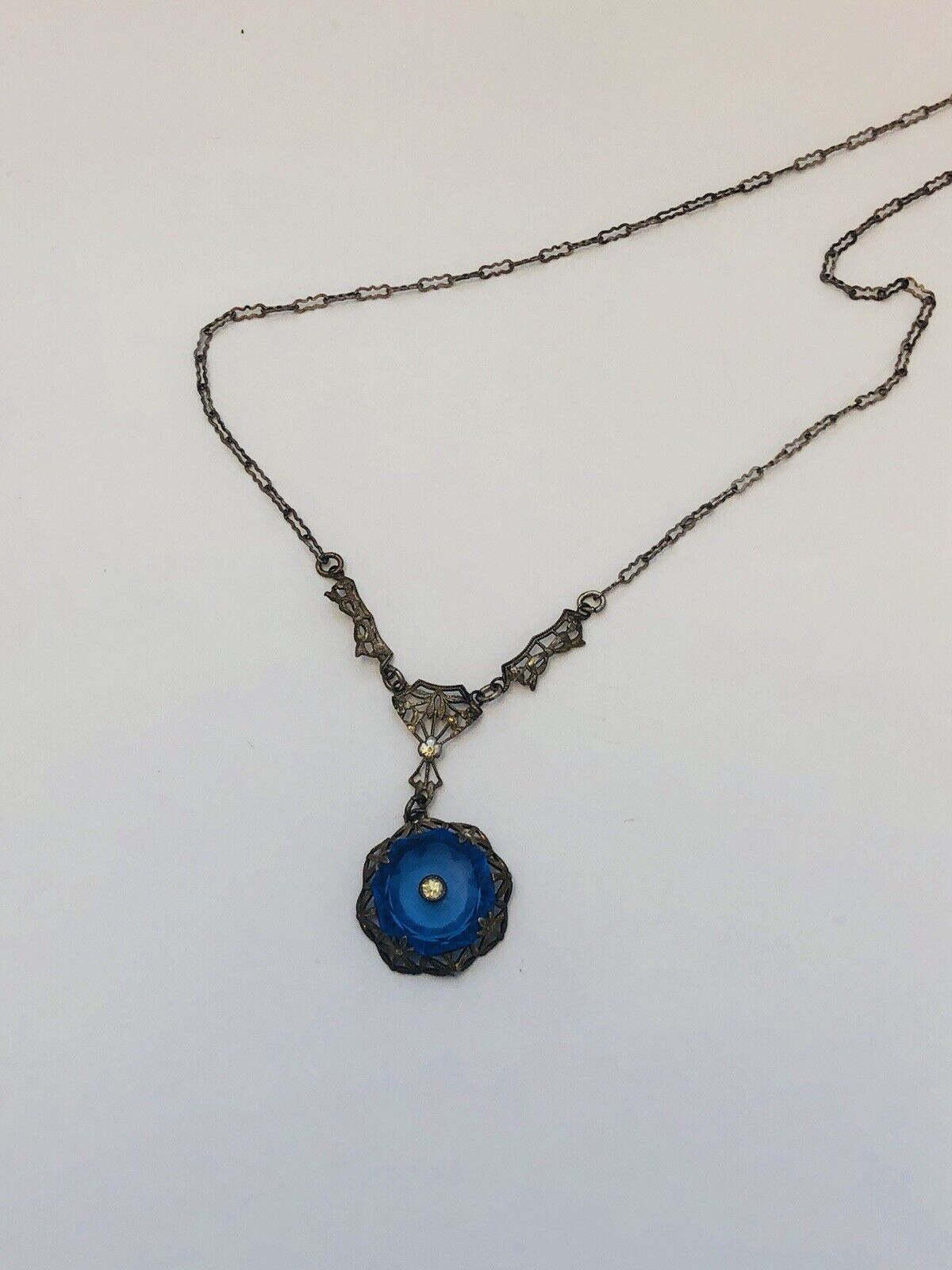 Art Nouveau Art Deco Sterling Silver Cobalt Glass Rhinestone Filigree Necklace