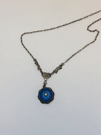 Art Nouveau Art Deco Sterling Silver Cobalt Glass Rhinestone Filigree Necklace