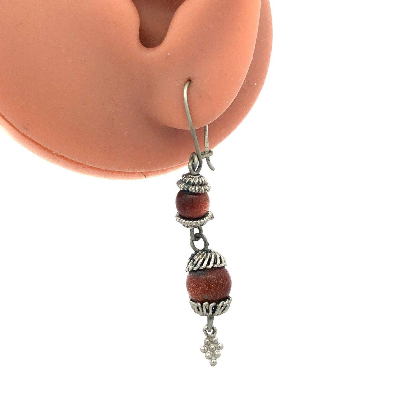 Vintage Silver Tone Orange Goldstone Glitter Beaded Hook Dangle Earrings