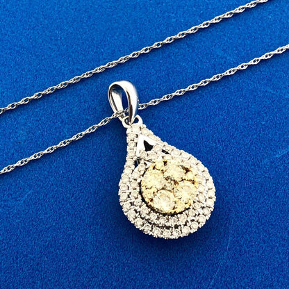 Royal 14K White Yellow Gold Canary White Diamond Double Halo Pear Pendant