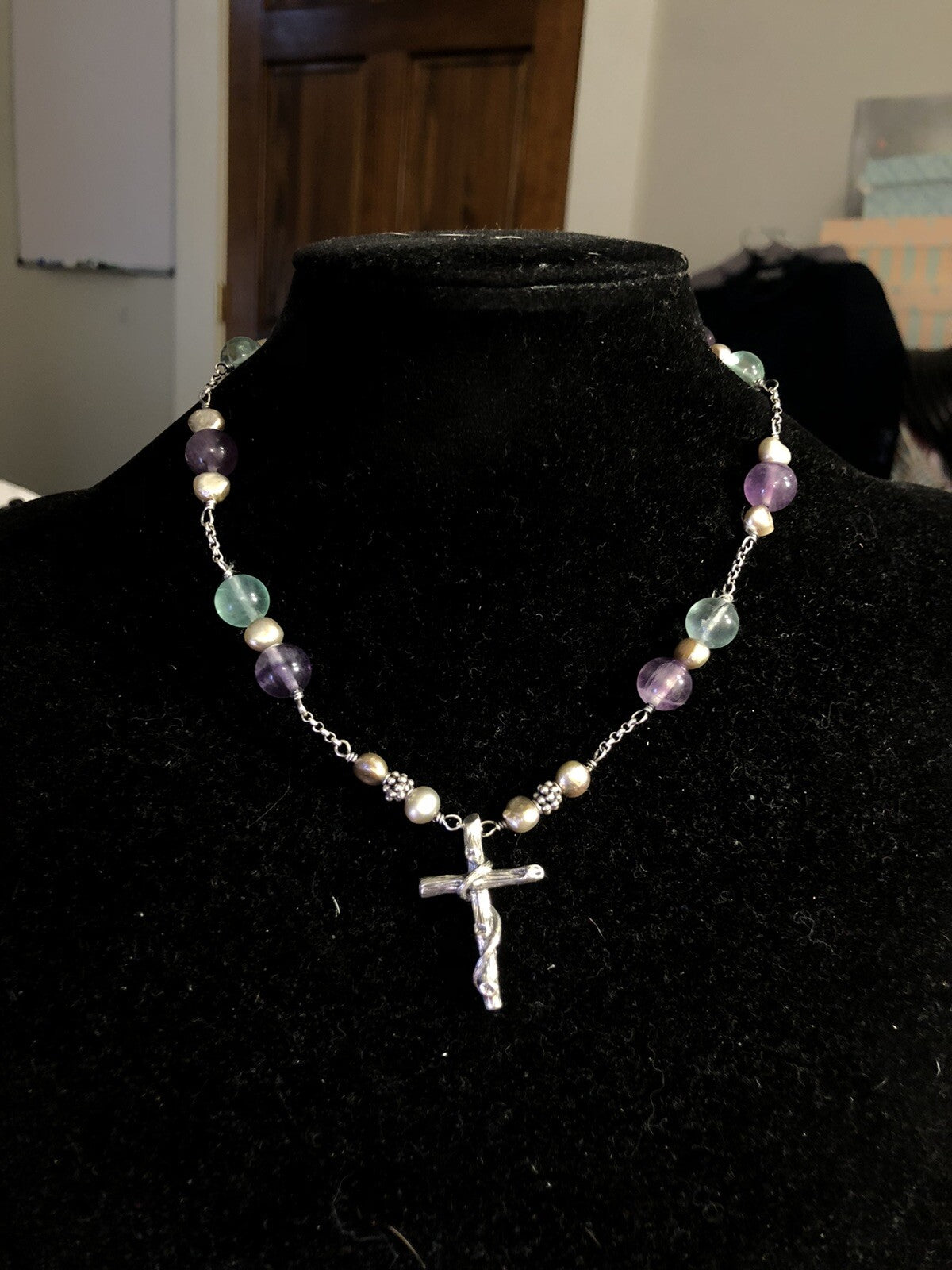 Retired Mignon Faget Sterling Silver Fences Cross Aquamarine Pearl Bead Necklace