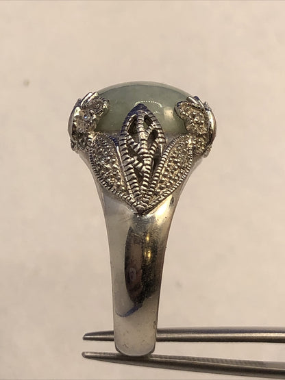 Designer EA 925 Sterling Silver Round Jade Diamond Accents Butterfly Detail Ring